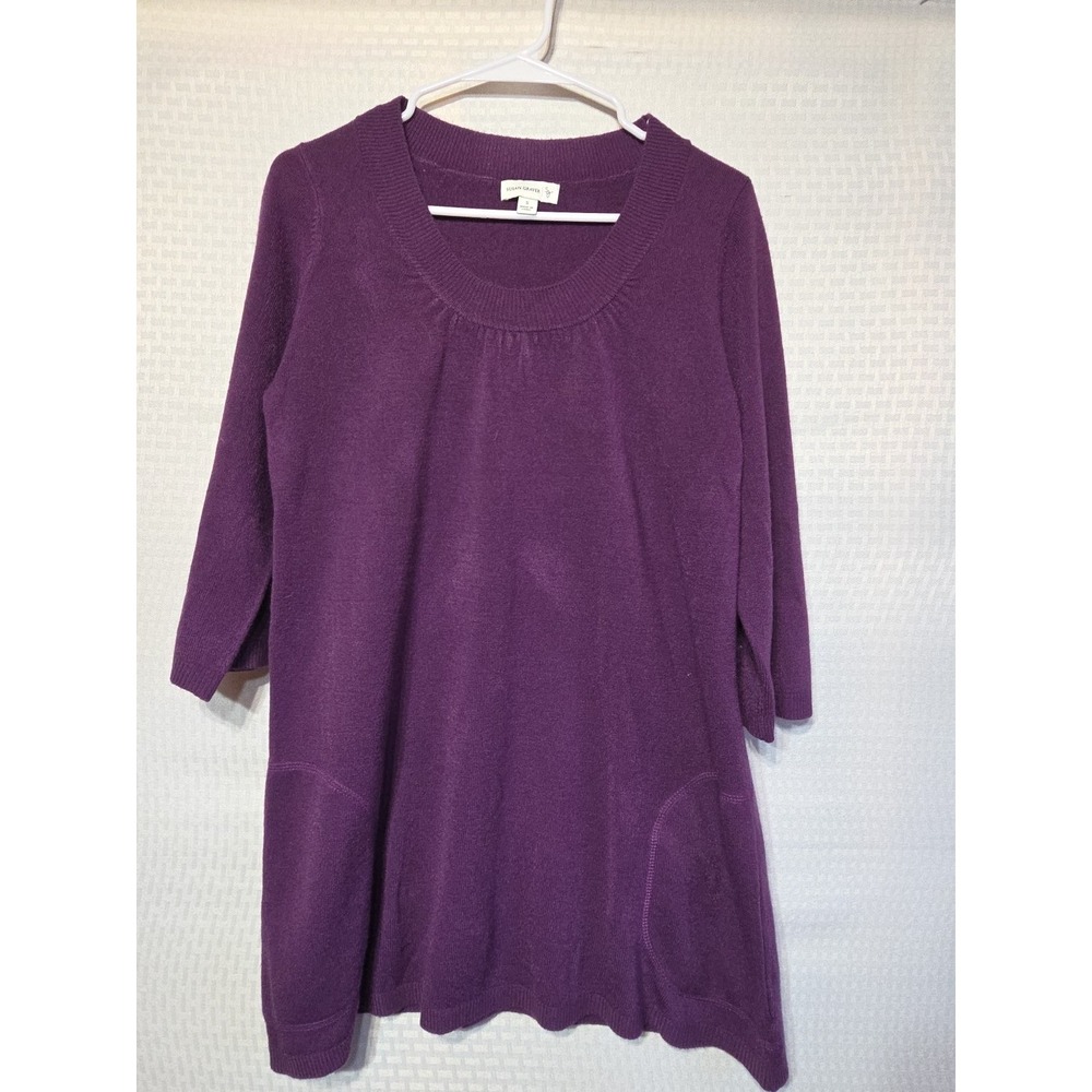 Susan Graver Purple Knit Sweater Front Pockets Long Sleeve Crewneck Size S Small